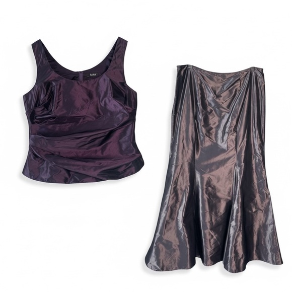 Vera Mont Dresses & Skirts - Vera Mont Paris Chrome Silver Sheen A-Line Midi Skirt & Purple Back Zip Top